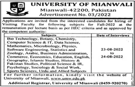 University of Mianwali Jobs 2022 for Visiting Faculty