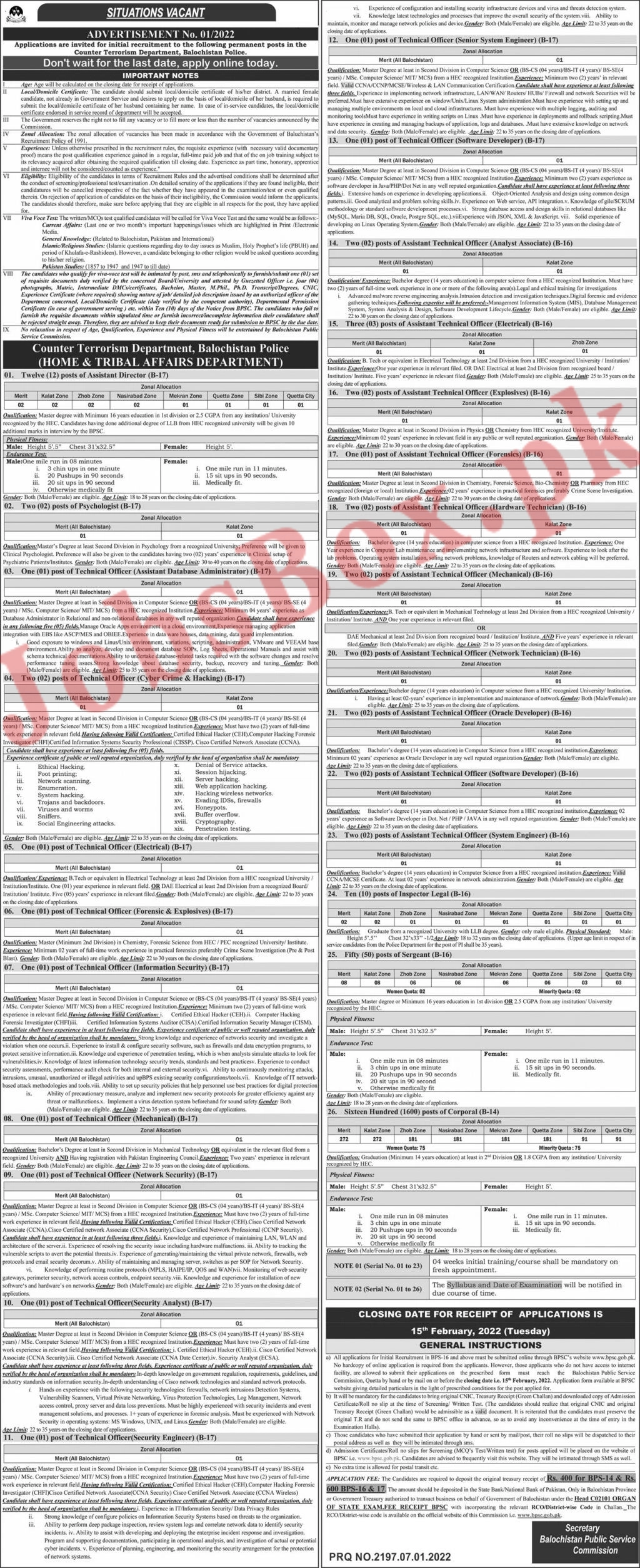 CTD Balochistan Police Jobs 2022 via BPSC - Online Application