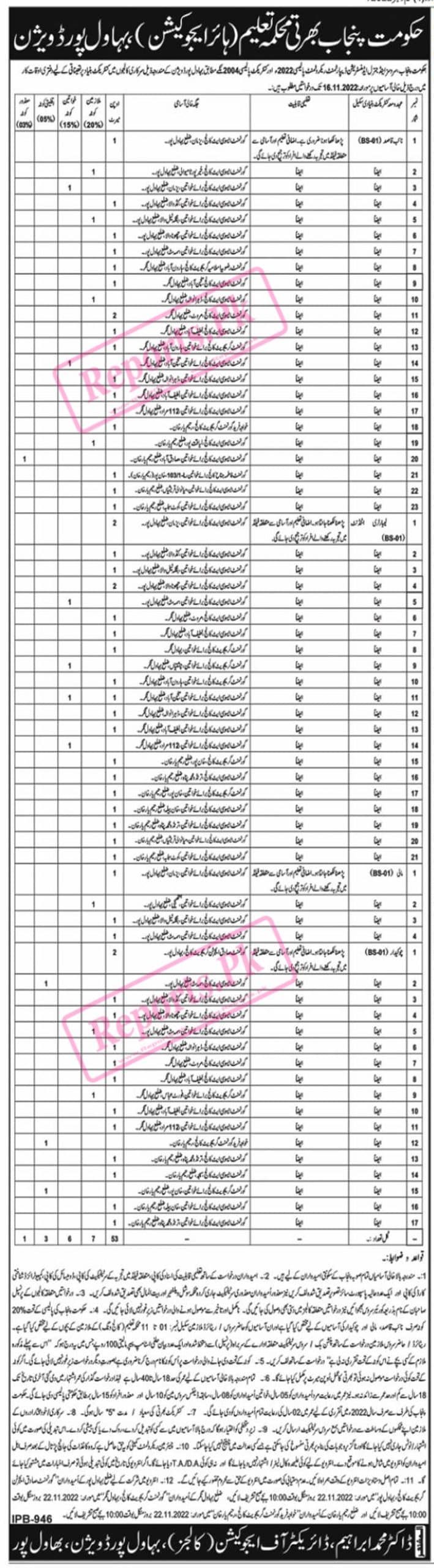 Education Department Bahawalpur Jobs 2022 for Class IV Staff