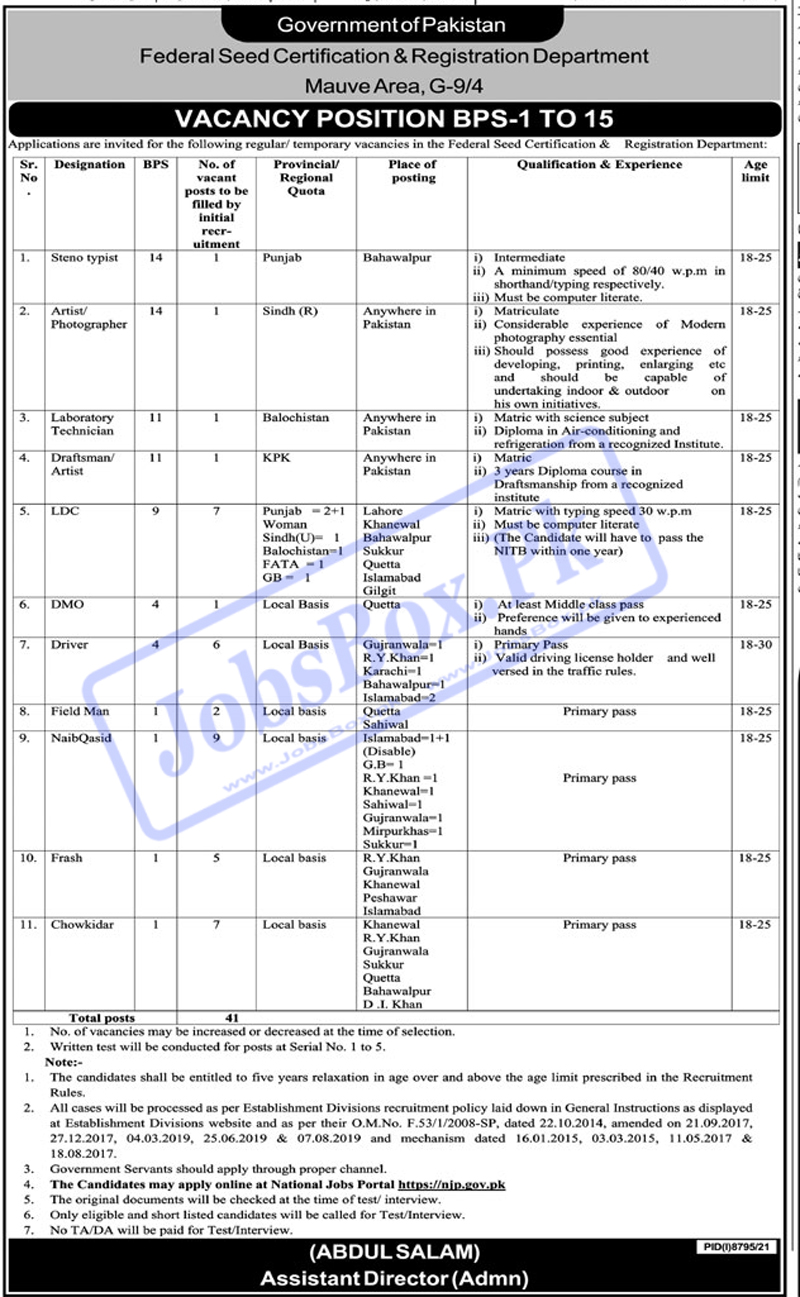 Federal Seed Certification & Registration Department Jobs 2022 June