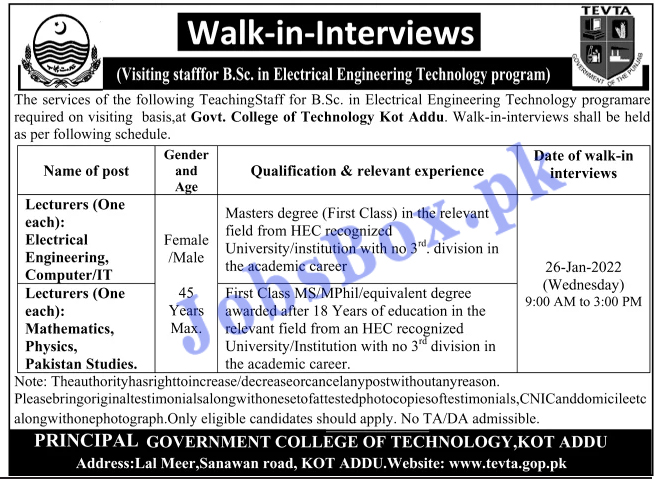 Government College of Technology Kot Addu Jobs 2022