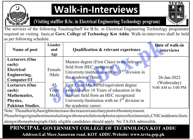 Government College of Technology Kot Addu Jobs 2022
