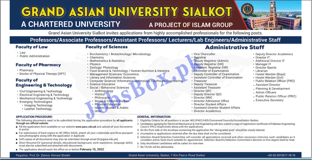 Grand Asian University Sialkot Jobs 2022 Online Application Form