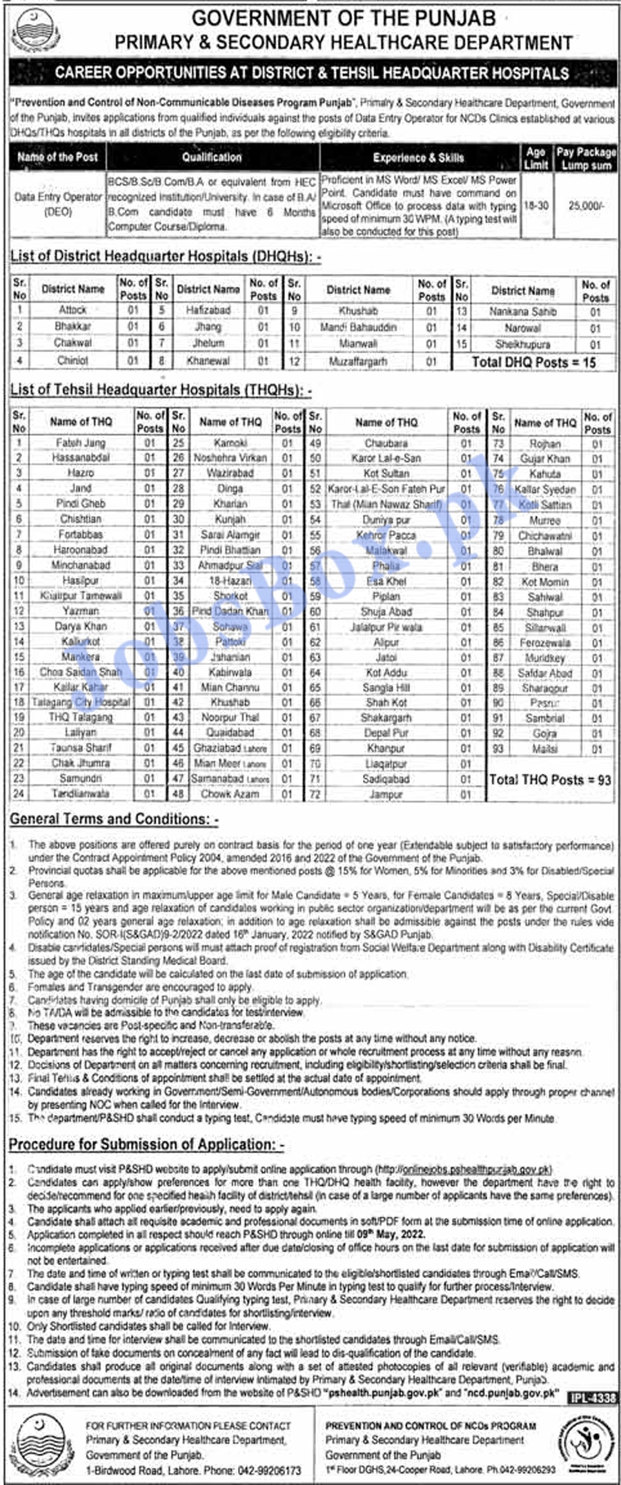 Health Department Punjab Data Entry Operator Jobs 2022 Online Form