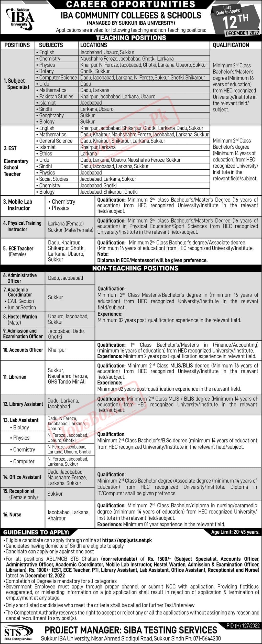 IBA Community Colleges & Schools Jobs 2022 - Online Apply at STS