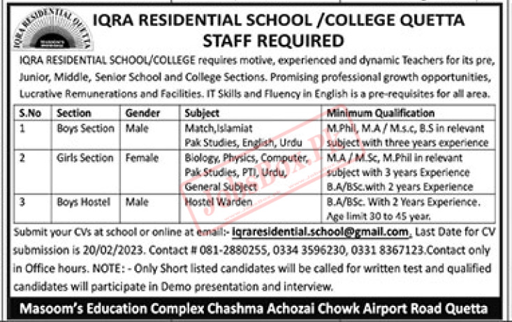 Iqra Residential School Quetta Jobs 2023