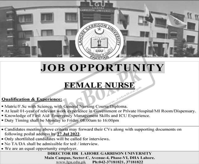 Lahore Garrison University Jobs 2022 for Female Nurse