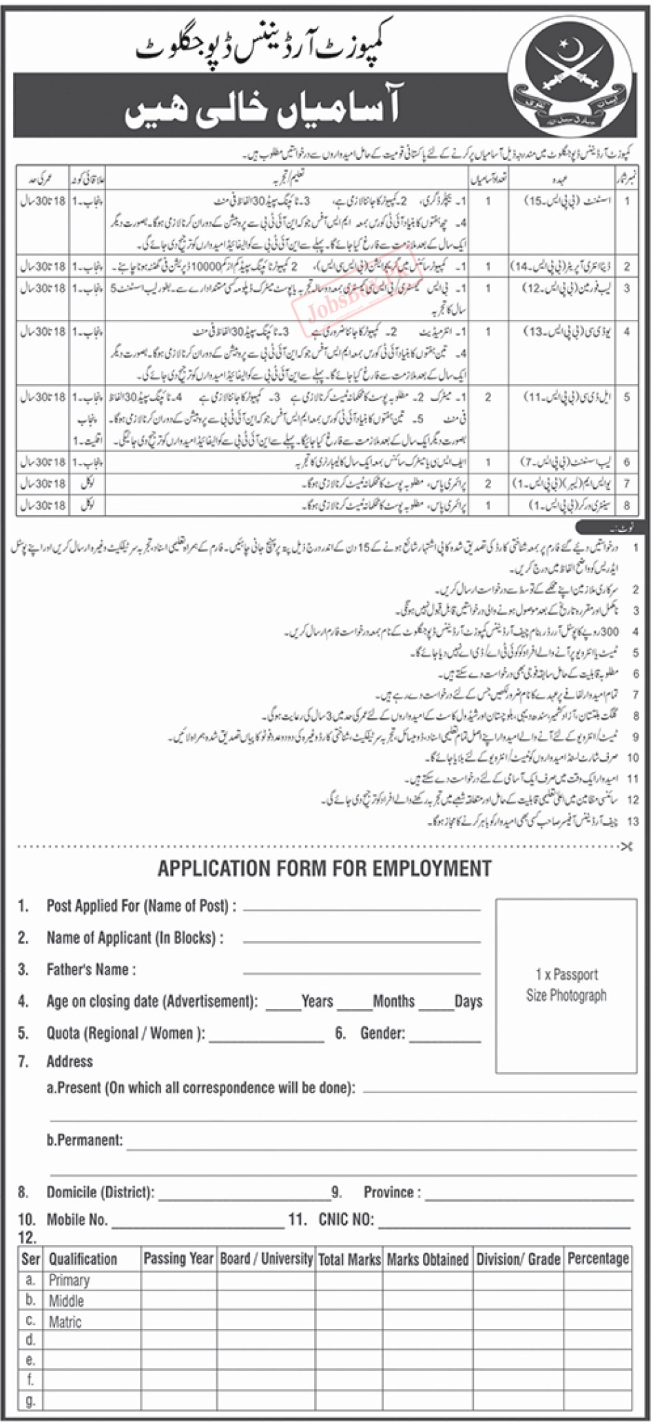 Pakistan Army Composite Ordnance Depot Jaglot Jobs 2023