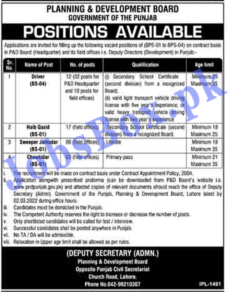 Planning and Development Board Punjab Jobs 2022 for Class IV