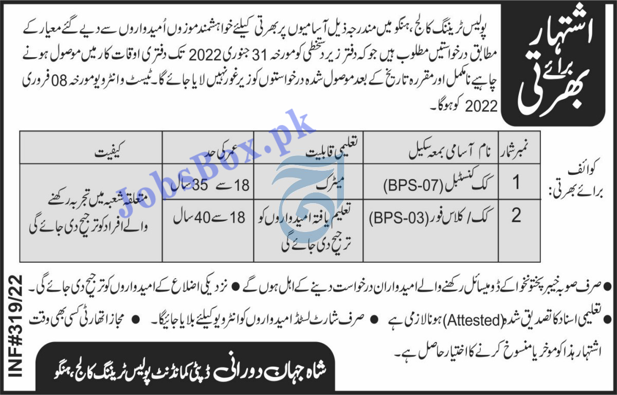 Police Training College Hangu Jobs 2022 for Cook Constable