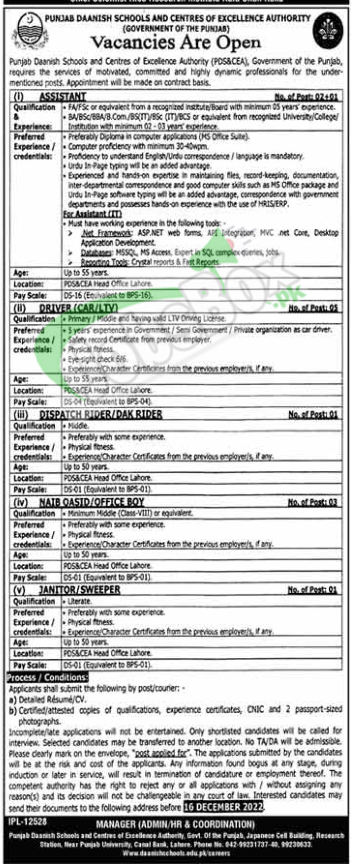 Punjab Daanish Schools & Centers of Excellence Authority Jobs 2022 Latest