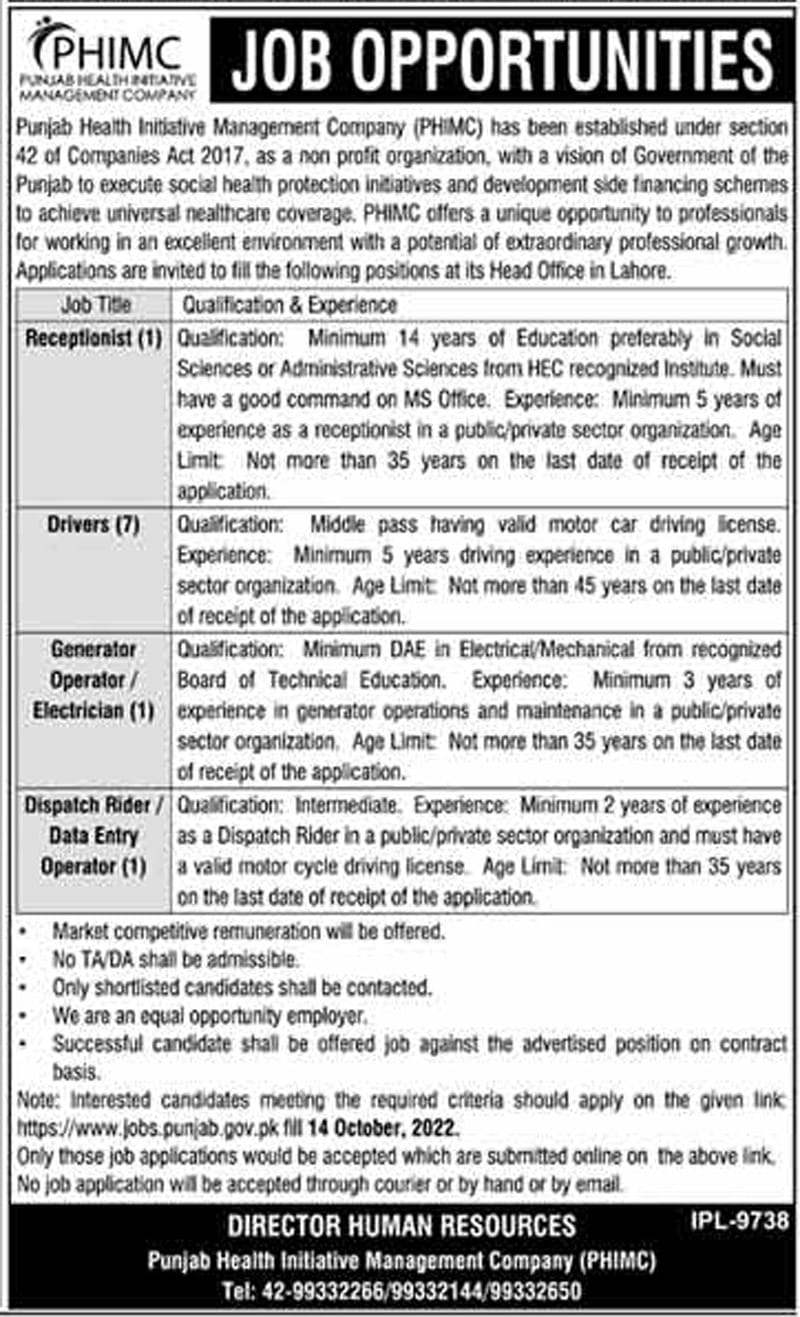 Punjab Health Initiative Management Company PHIMC Jobs 2022 October Recruitment