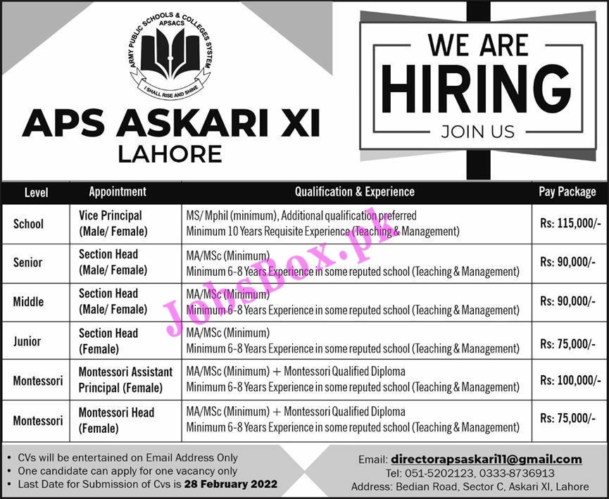 Army Public School APS Askari XI Lahore Jobs 2022