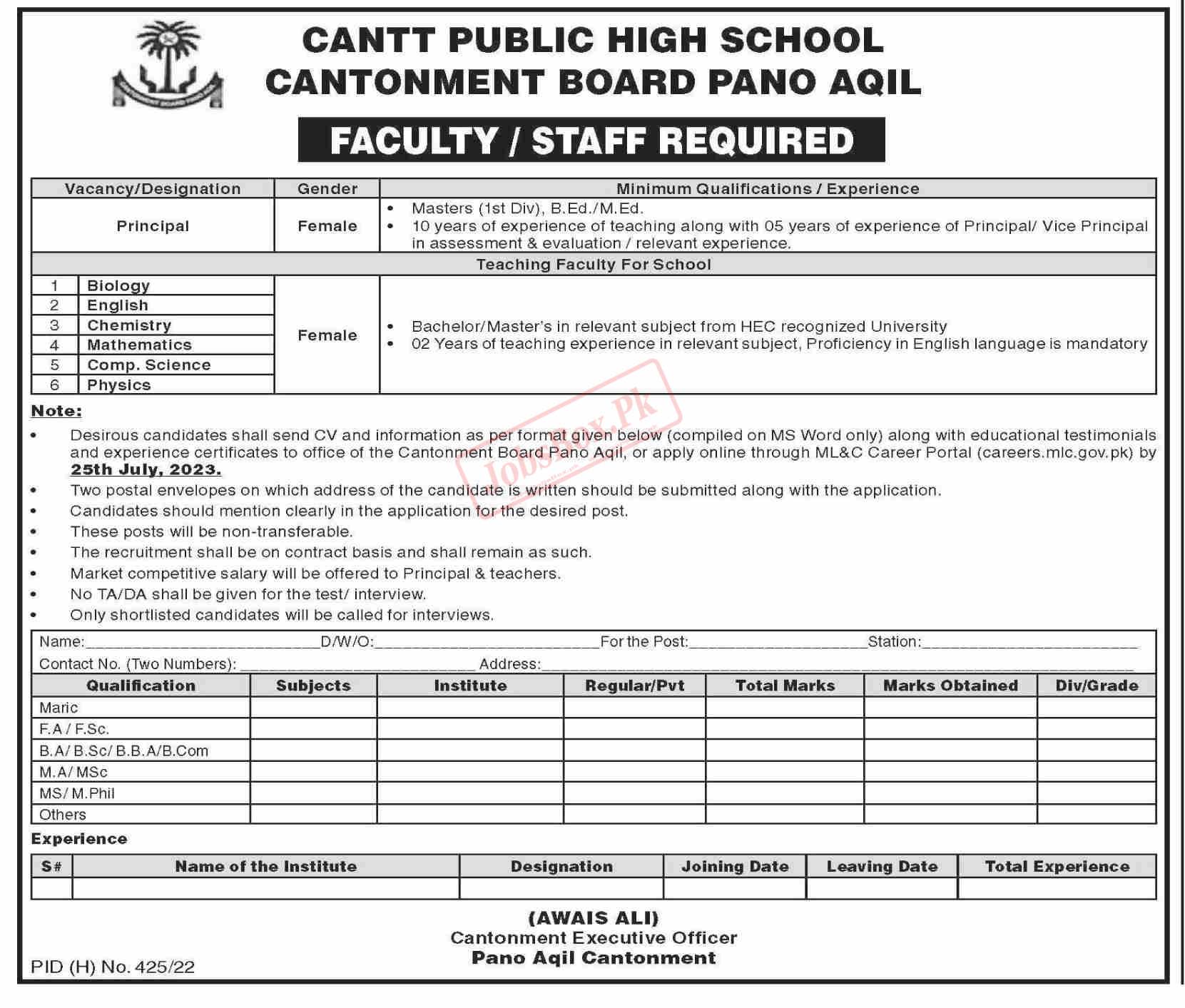 Cantt Public High School Pano Aqil Jobs 2023 for Females