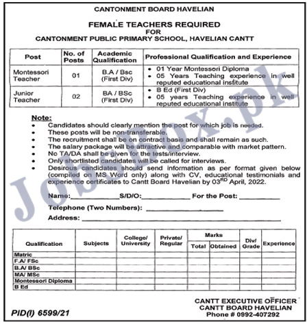 Cantt Public Primary School Havelian Cantt Jobs 2022 for Female Teachers