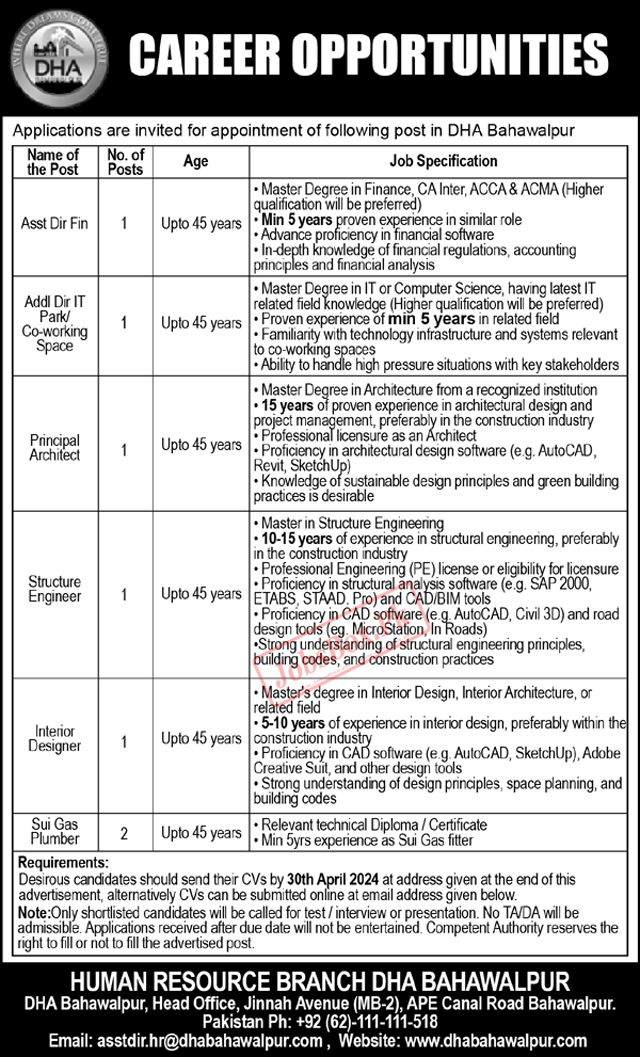 Defence Housing Authority DHA Bahawalpur Jobs 2024