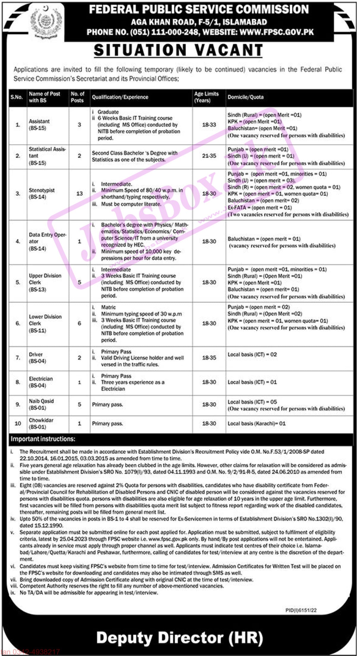 FPSC Jobs 2023 at FPSC Secretariat and Provincial Offices