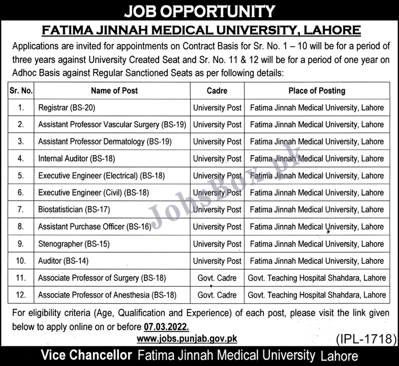 Fatima Jinnah Medical University Jobs 2022