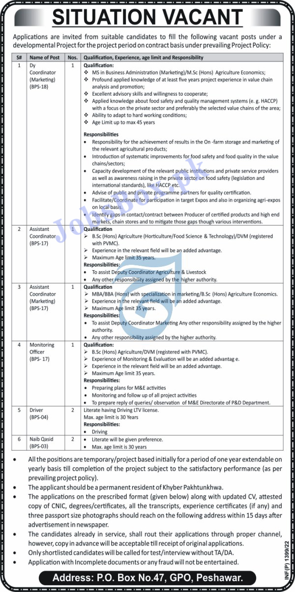 Government Jobs in KPK PO Box No 47 GPO Peshawar