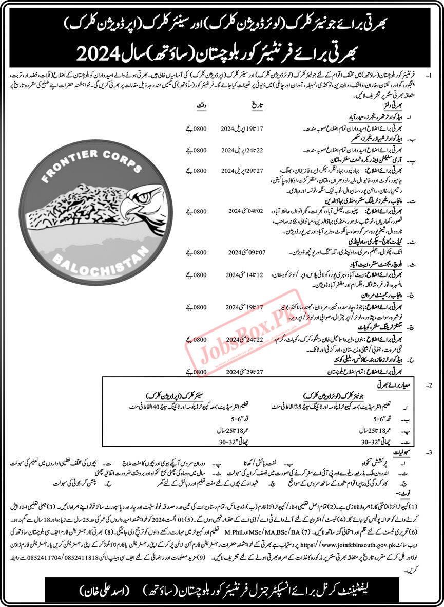 Join Frontier Corps FC South Balochistan Jobs 2024