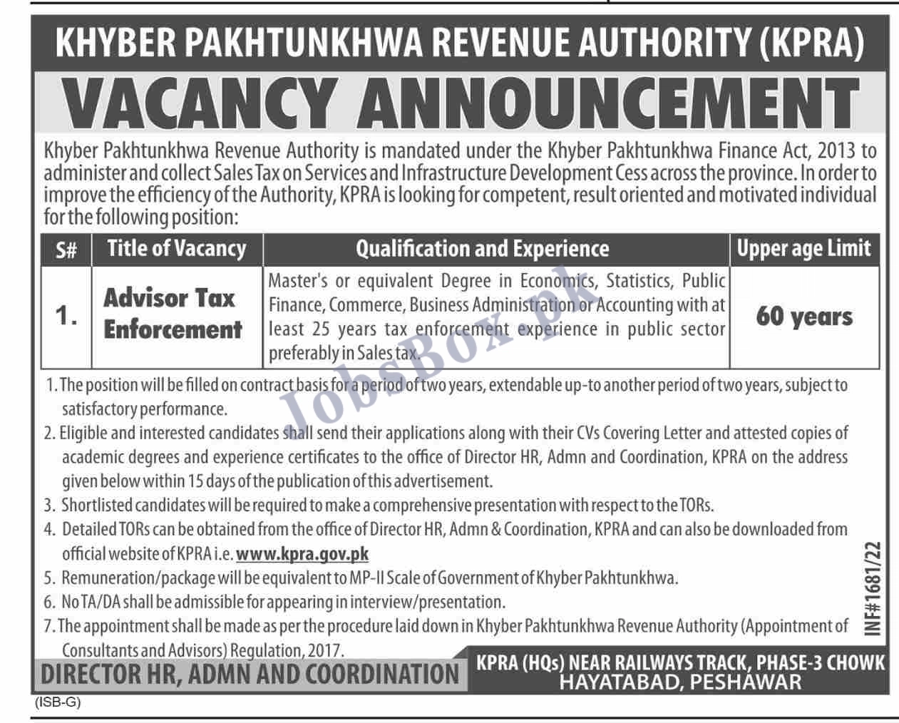 Khyber Pakhtunkhwa Revenue Authority KPRA Jobs 2022 March