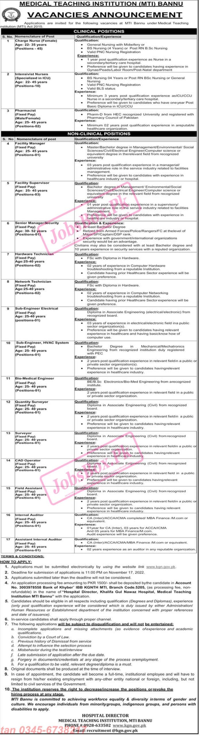 Medical Teaching Institution MTI Bannu Jobs November 2022 