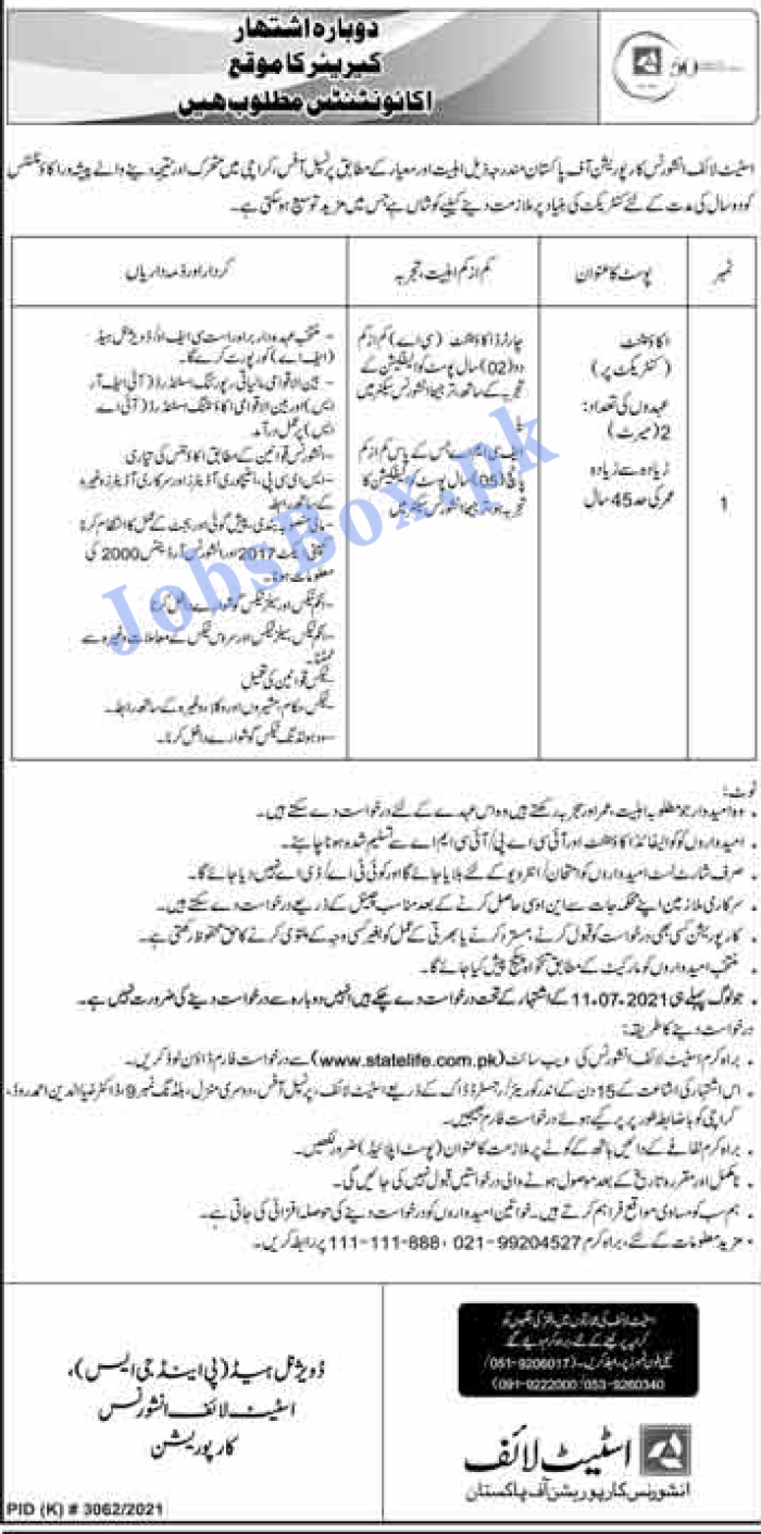 State Life Insurance Corporation of Pakistan Jobs 2022 for Accountants
