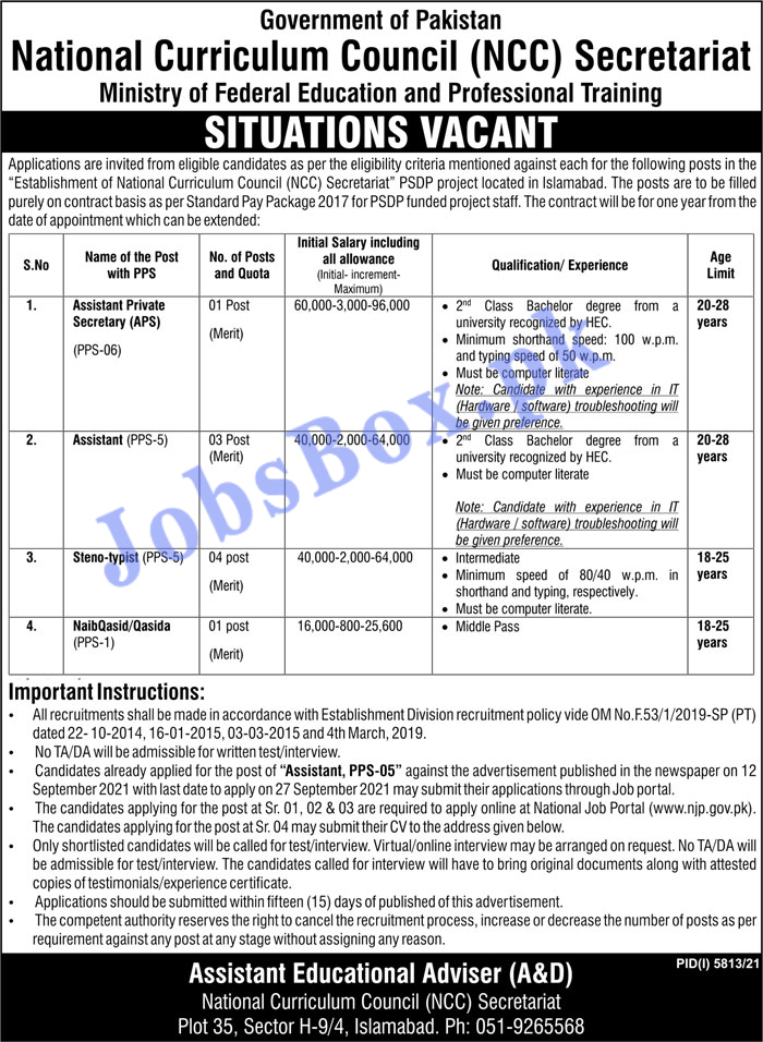 Today National Curriculum Council Secretariat Jobs 2022 for Pakistanis