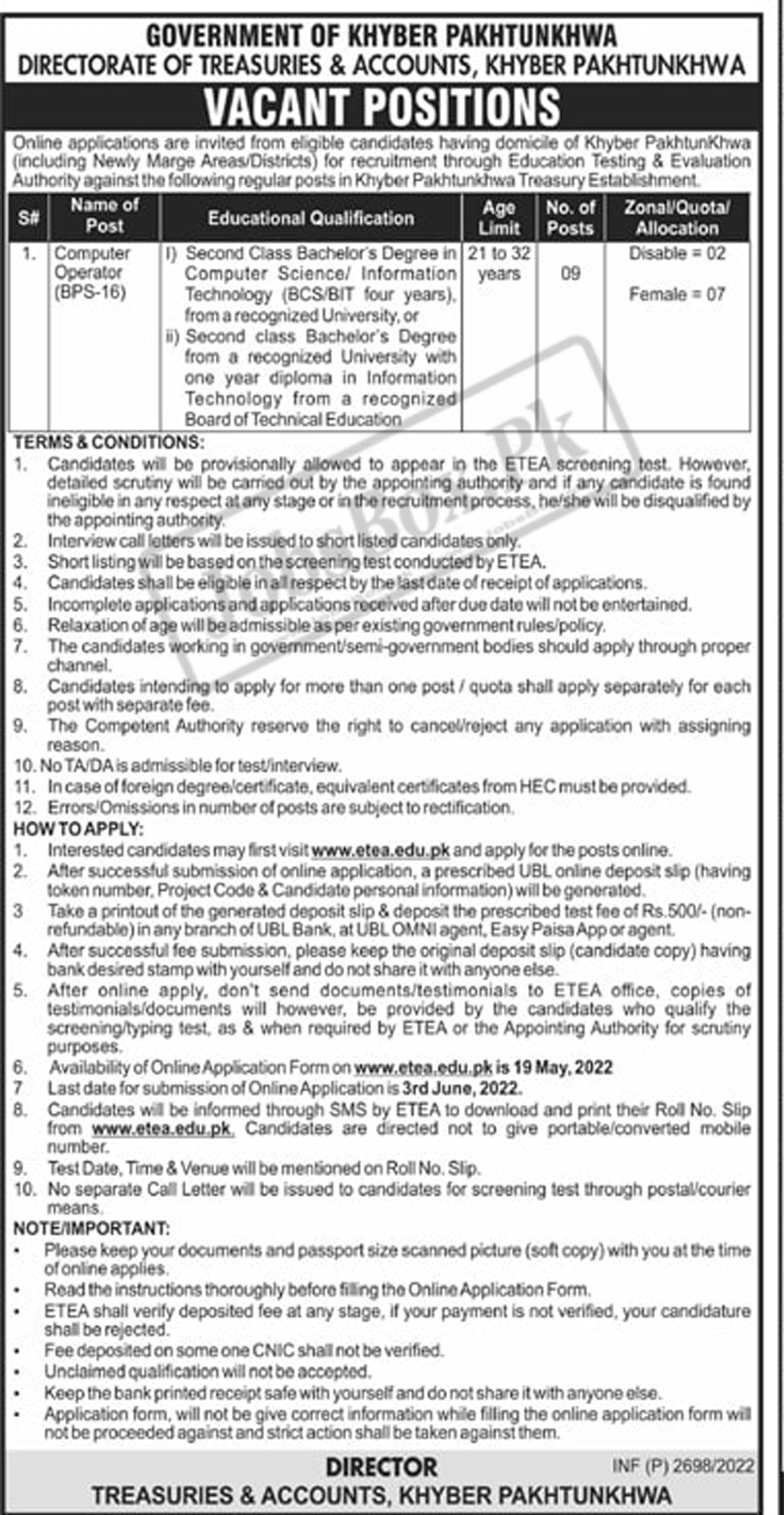 Treasuries and Accounts Department KPK Jobs 2022 via ETEA