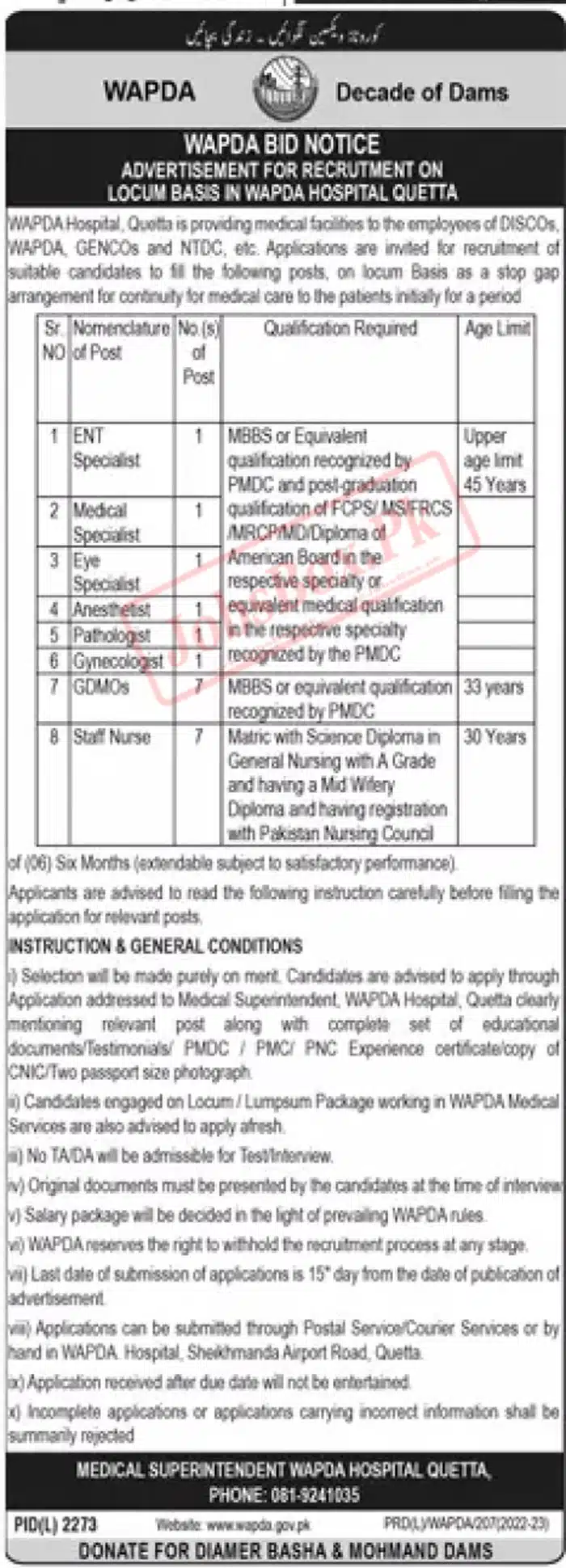 WAPDA Hospital Quetta Jobs 2023 - Download Application Form