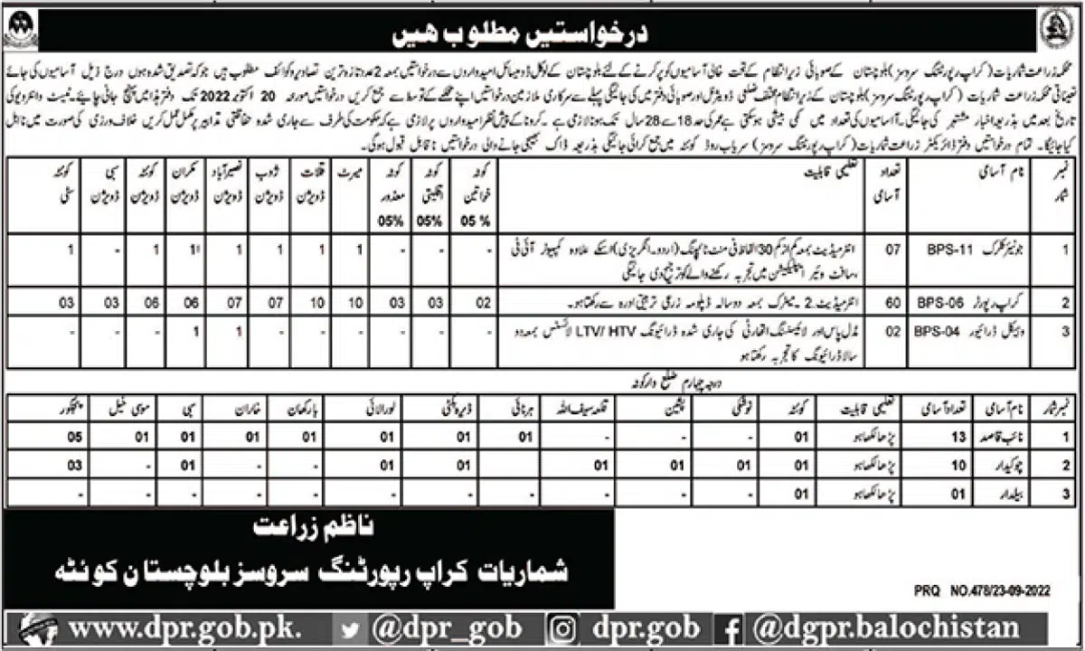 Agricultural Statistics Crop Reporting Services Balochistan Jobs 2022 Latest