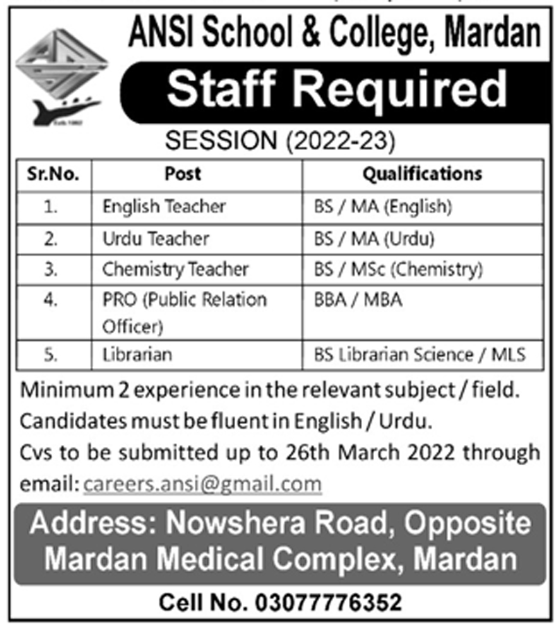 Ansi School & College Mardan Jobs 2022