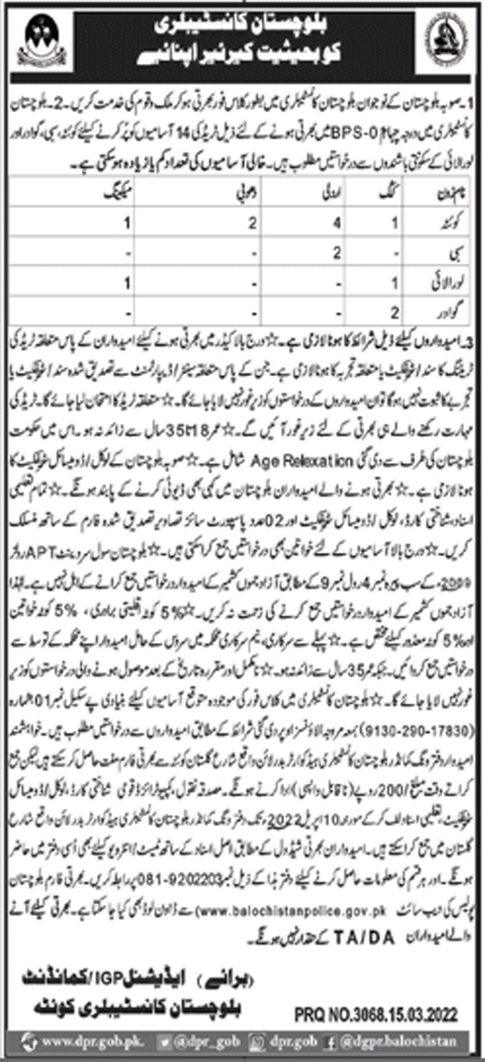 Balochistan Constabulary Class IV Jobs 2022