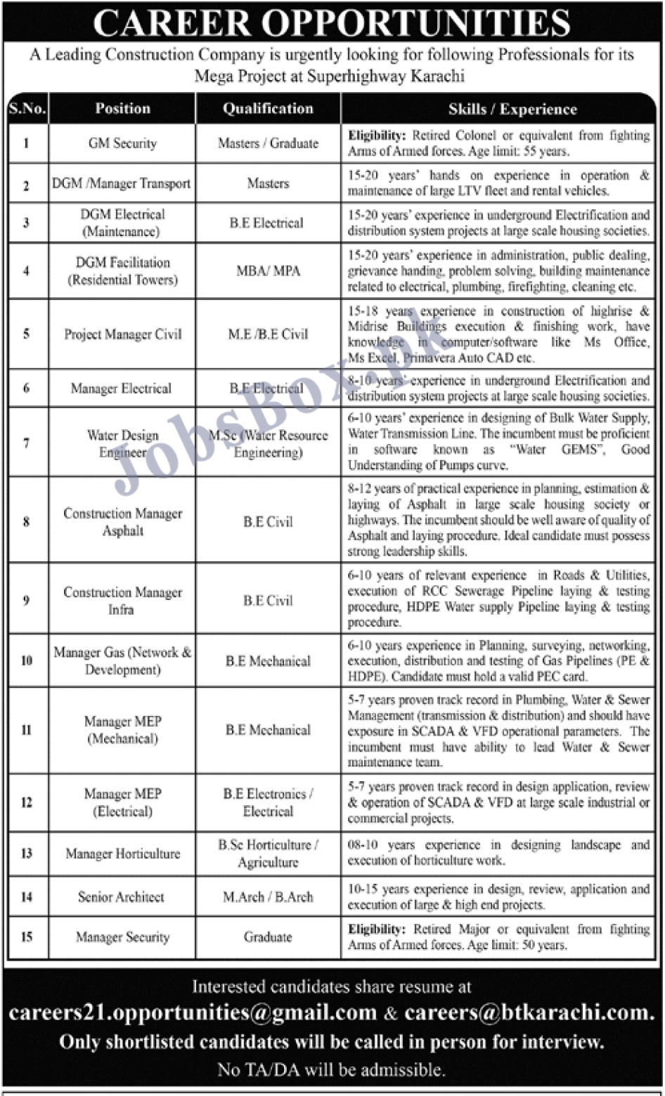 Construction Company Mega Project Superhighway Karachi Jobs 2022