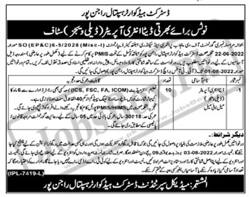 DHQ Hospital Rajanpur Jobs 2022 for Data Entry Operators New