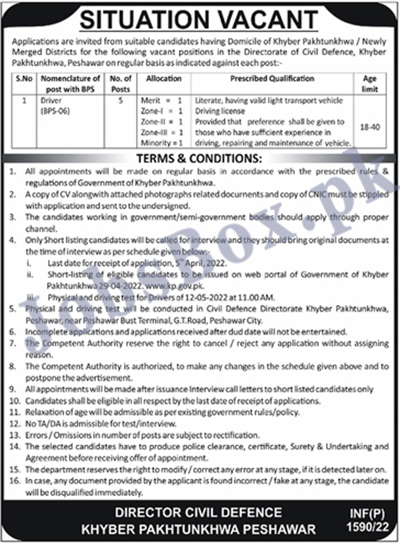 Directorate of Civil Defence KPK Jobs March 2022