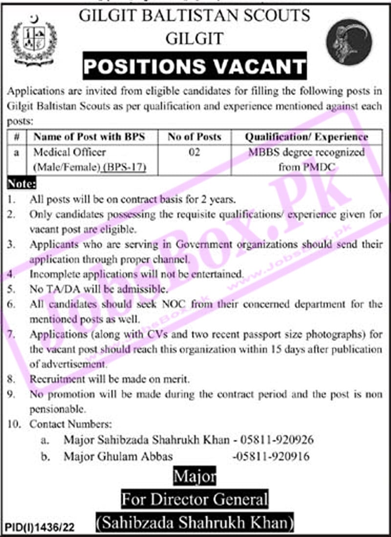 Gilgit Baltistan GB Scouts Jobs 2022 for Medical Officer