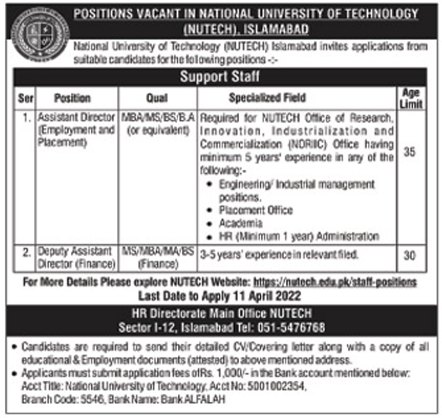 National University of Technology NUTECH Islamabad Jobs 2022 March