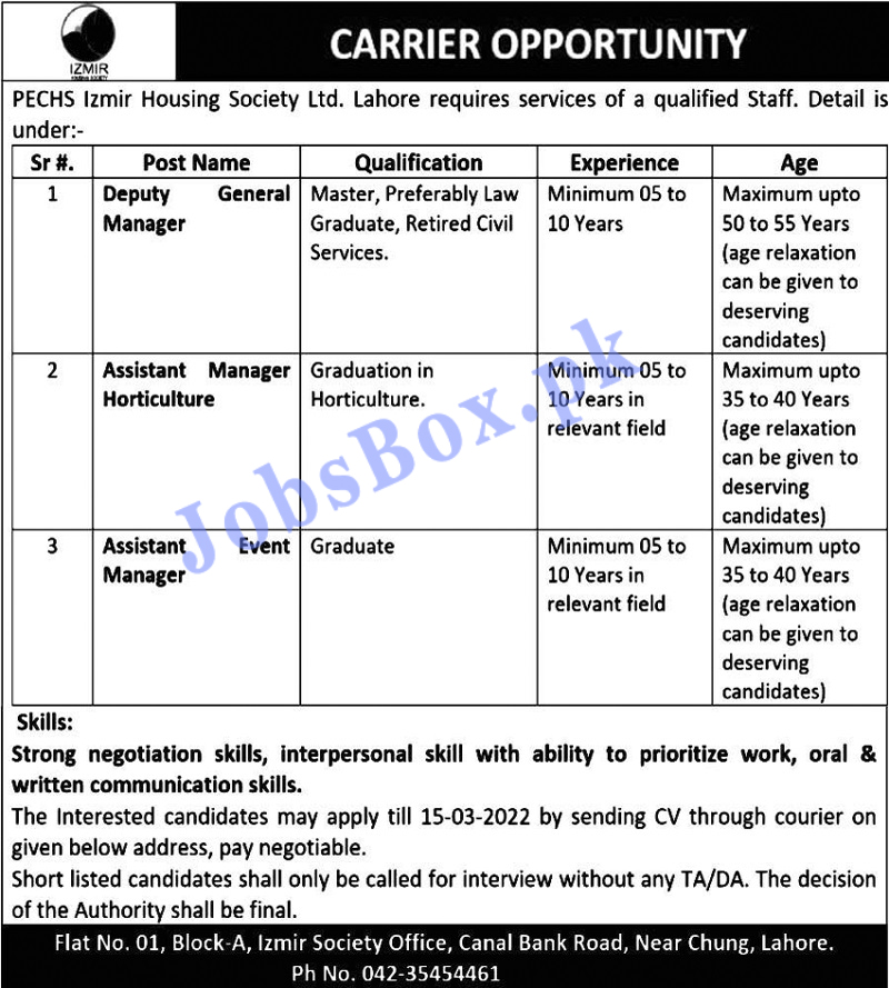 PECHS Izmir Housing Society Lahore Jobs 2022