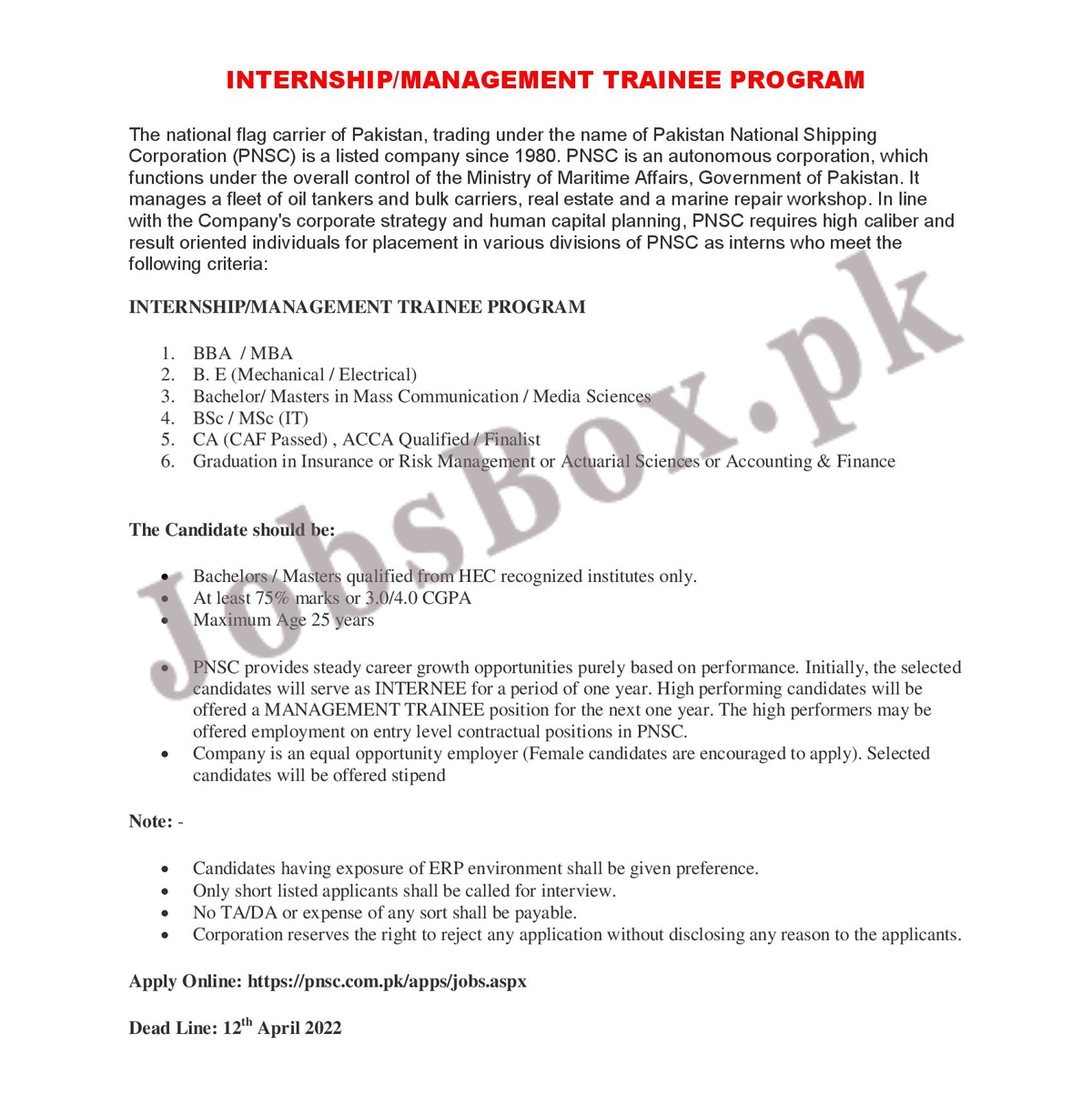 PNSC Internships-Management Trainee Program 2022