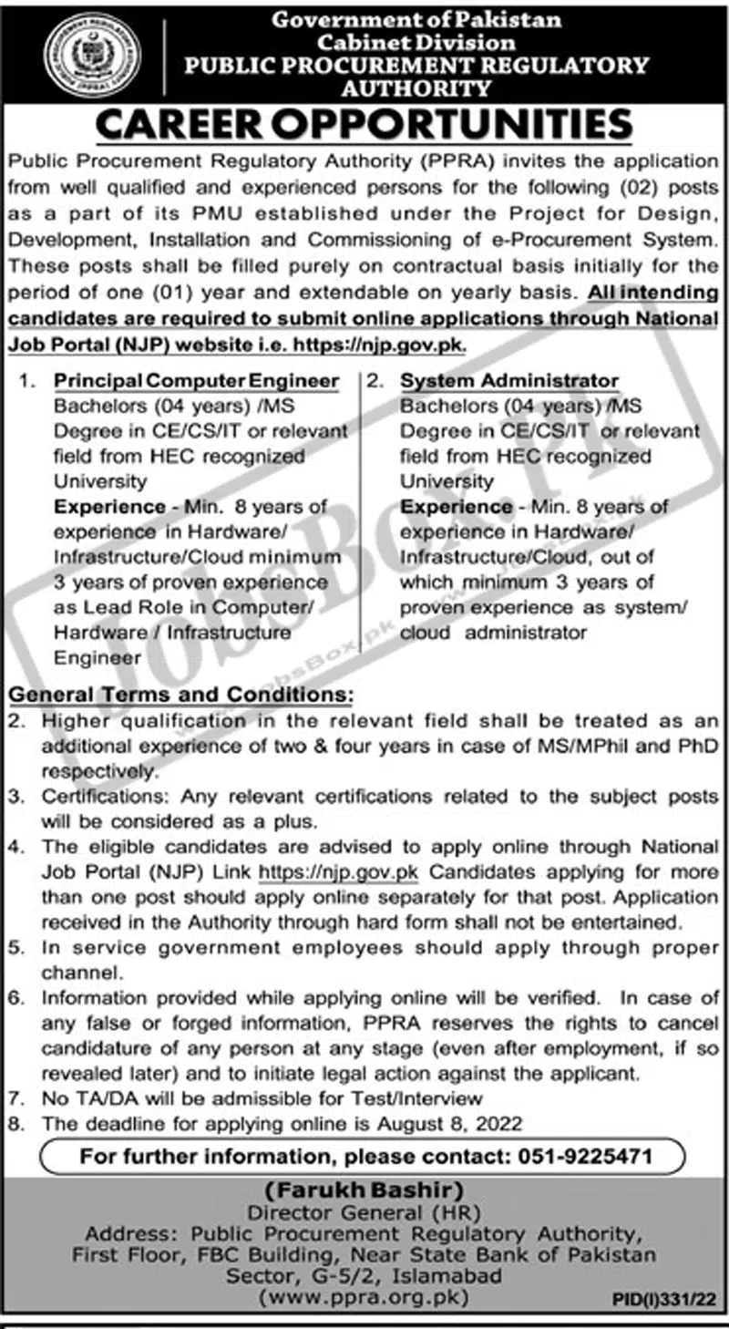 PPRA Jobs 2022 Cabinet Division Government of Pakistan Form