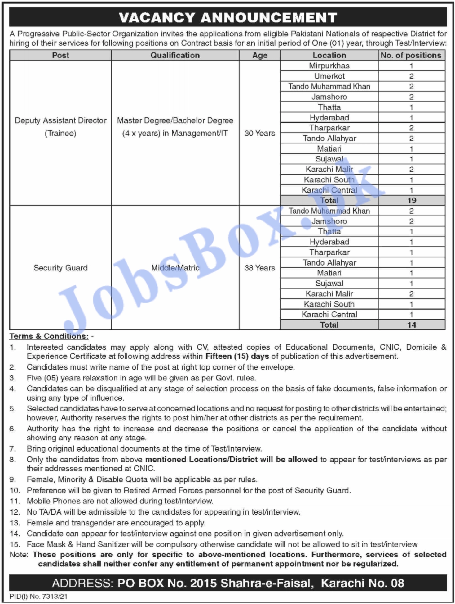 Public Sector PO Box 2015 Karachi Jobs 2022 April Ad