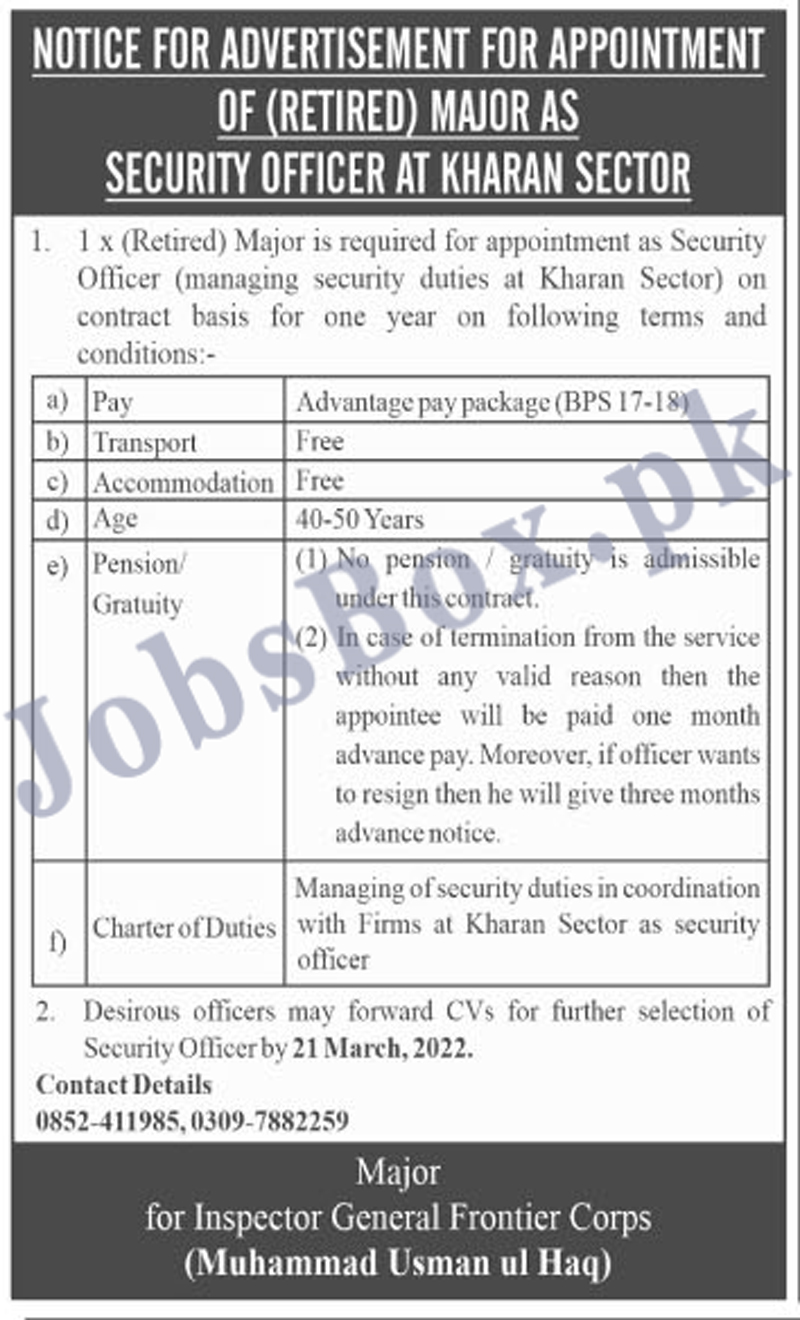 Security Officer Jobs in Frontier Corps at Kharan