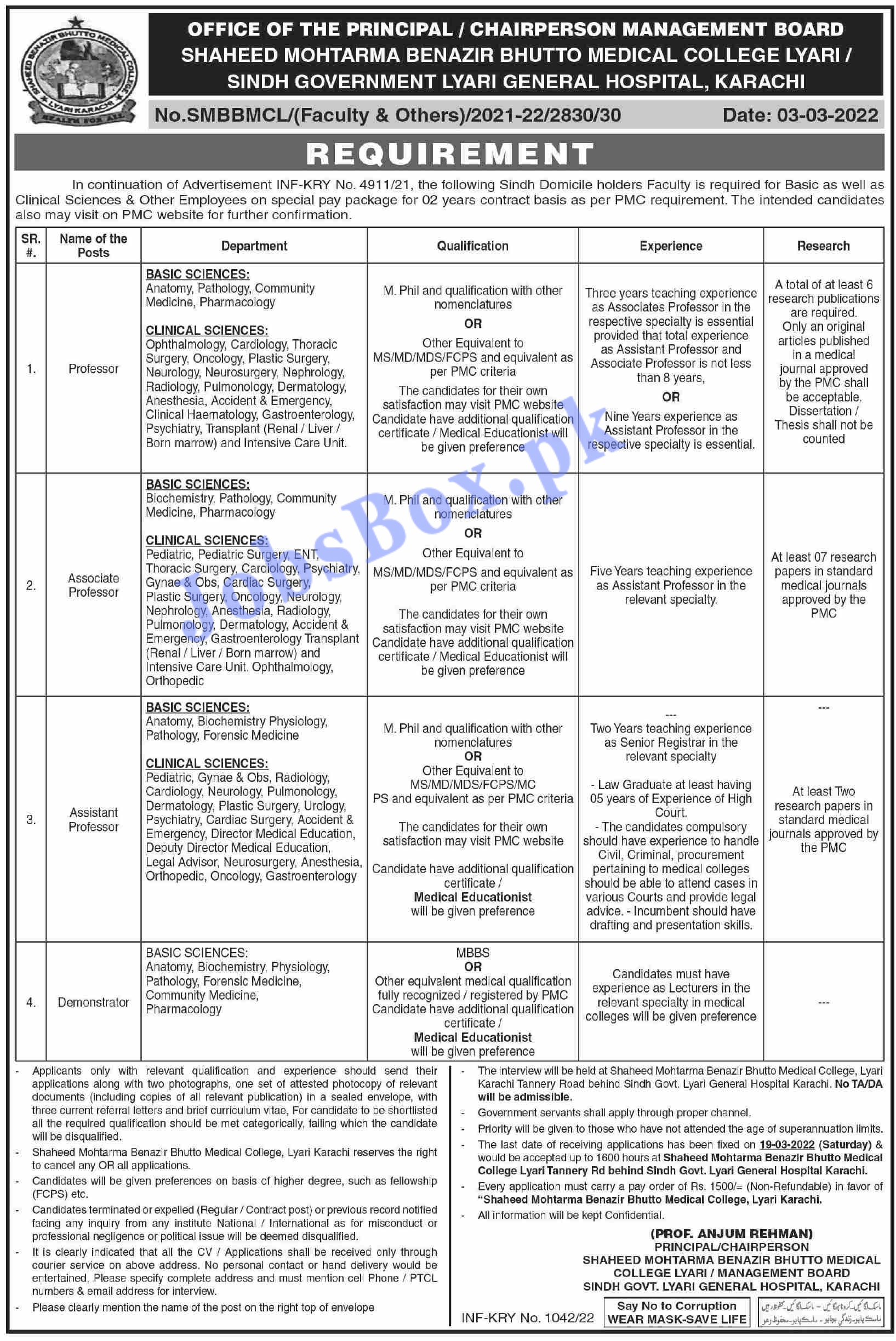 Shaheed Mohtarma Benazir Bhutto Medical College Lyari Jobs 2022