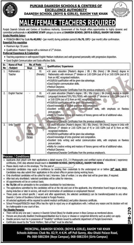 Teachers Jobs in Rahim Yar Khan Daanish Boys & Girls Schools