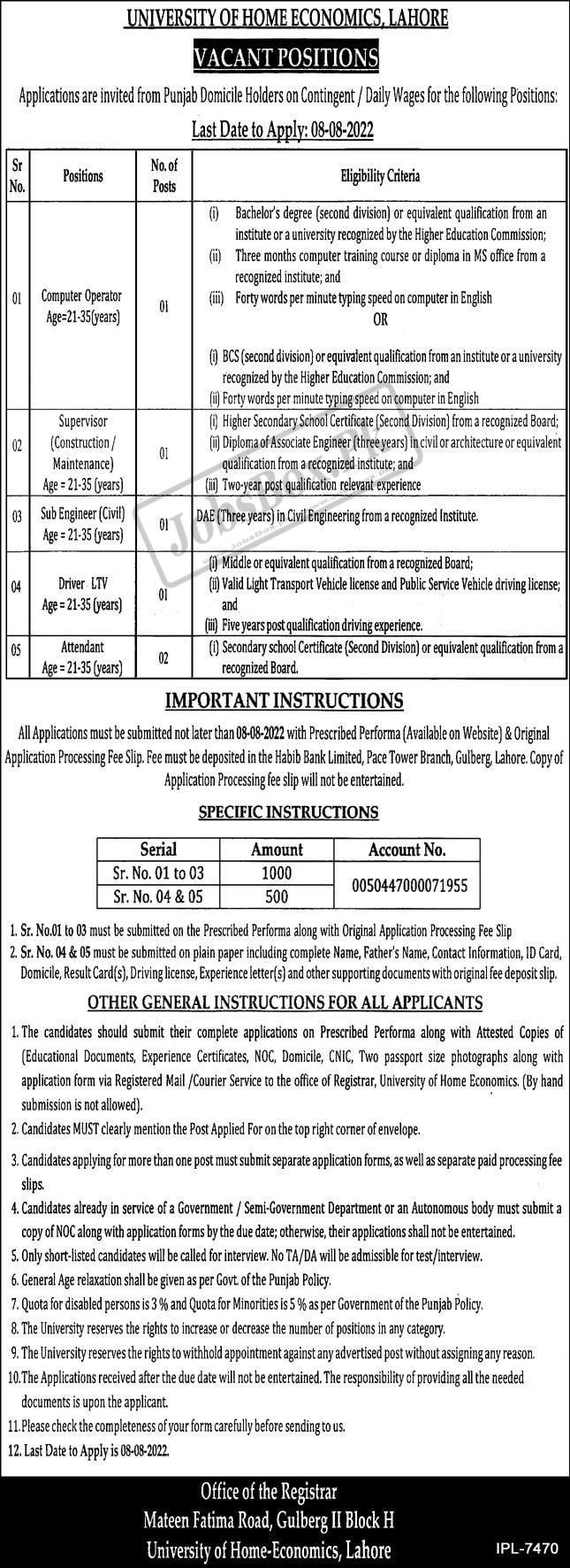 University of Home Economics UHE Lahore Jobs 2022 - Send CVs