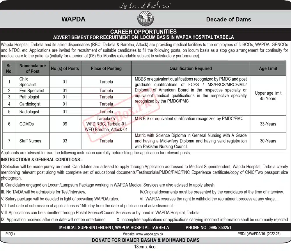 Wapda Hospital Tarbela Jobs 2023 - Application Form at www.wapda.gov.pk