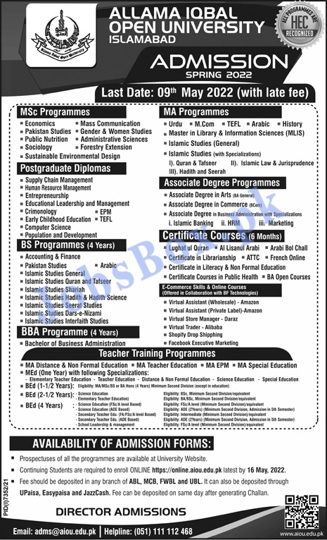 Allama Iqbal Open University AIOU Admission Spring 2022 Apply Online