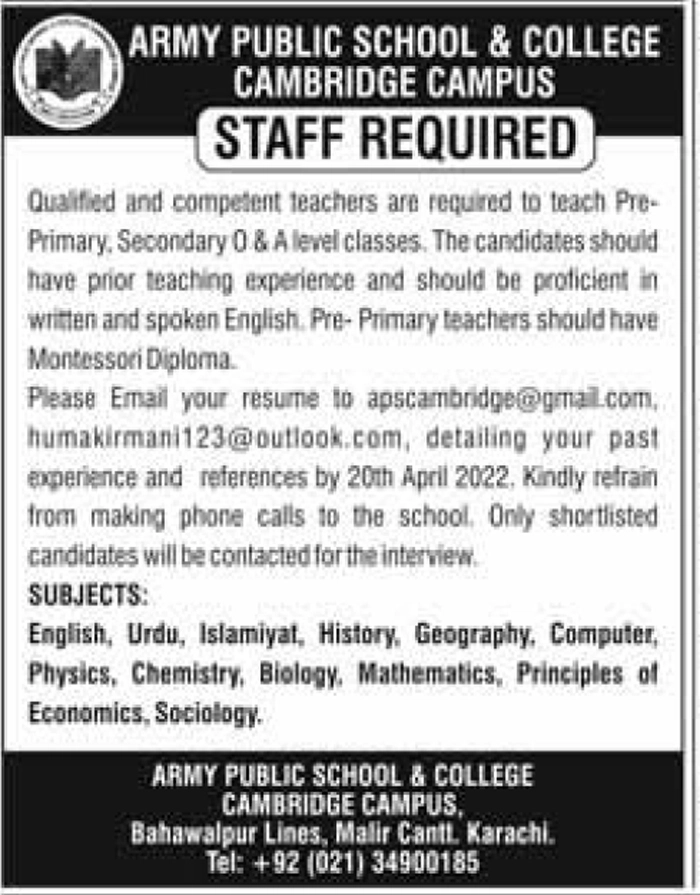 Army Public School & College Cambridge Campus Karachi Jobs 2022