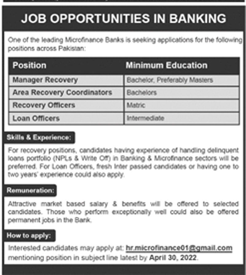 Banking Jobs across Pakistan for Matric to Masters Qualified